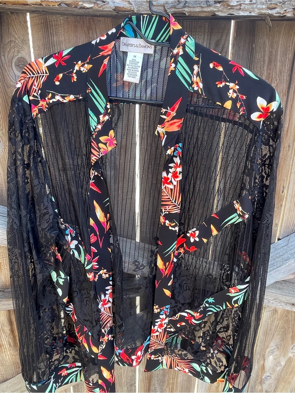 Draper’s & Damon’s 1X Sheer Mesh Lace Jacket Tropical Floral Open Front Kimono